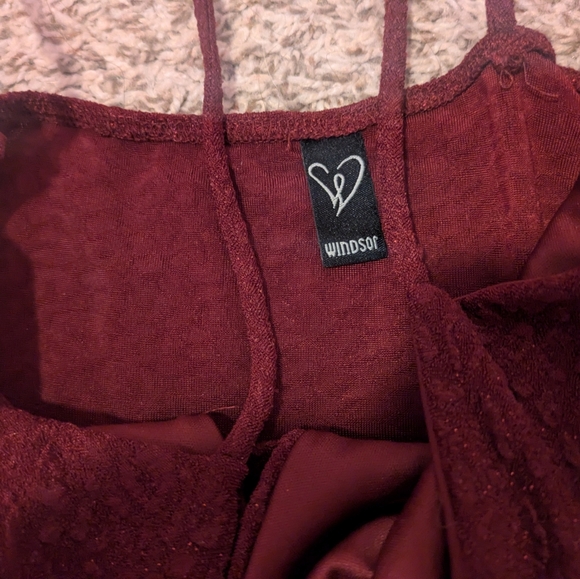 Windsor Burgundy Glitter Mini Dress with Spaghetti Straps And Key Hole Cutout - Picture 7 of 10